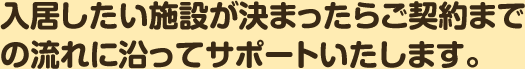 入居したい施設が決まったらご契約までの流れに沿ってサポートいたします。